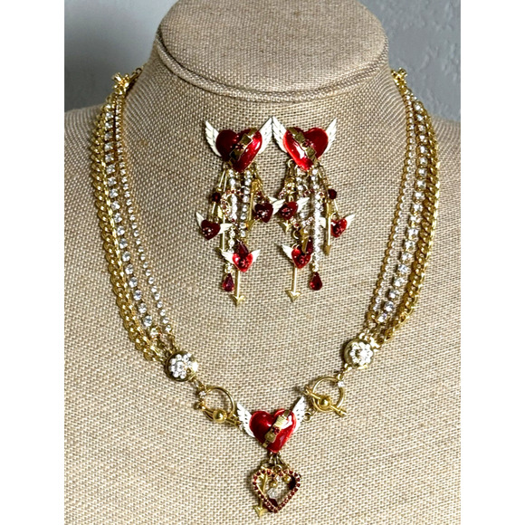 Lunch At the Ritz Heart Necklace & Earring Set Gold Tone Signed Vintage RARE Art - Picture 14 of 14